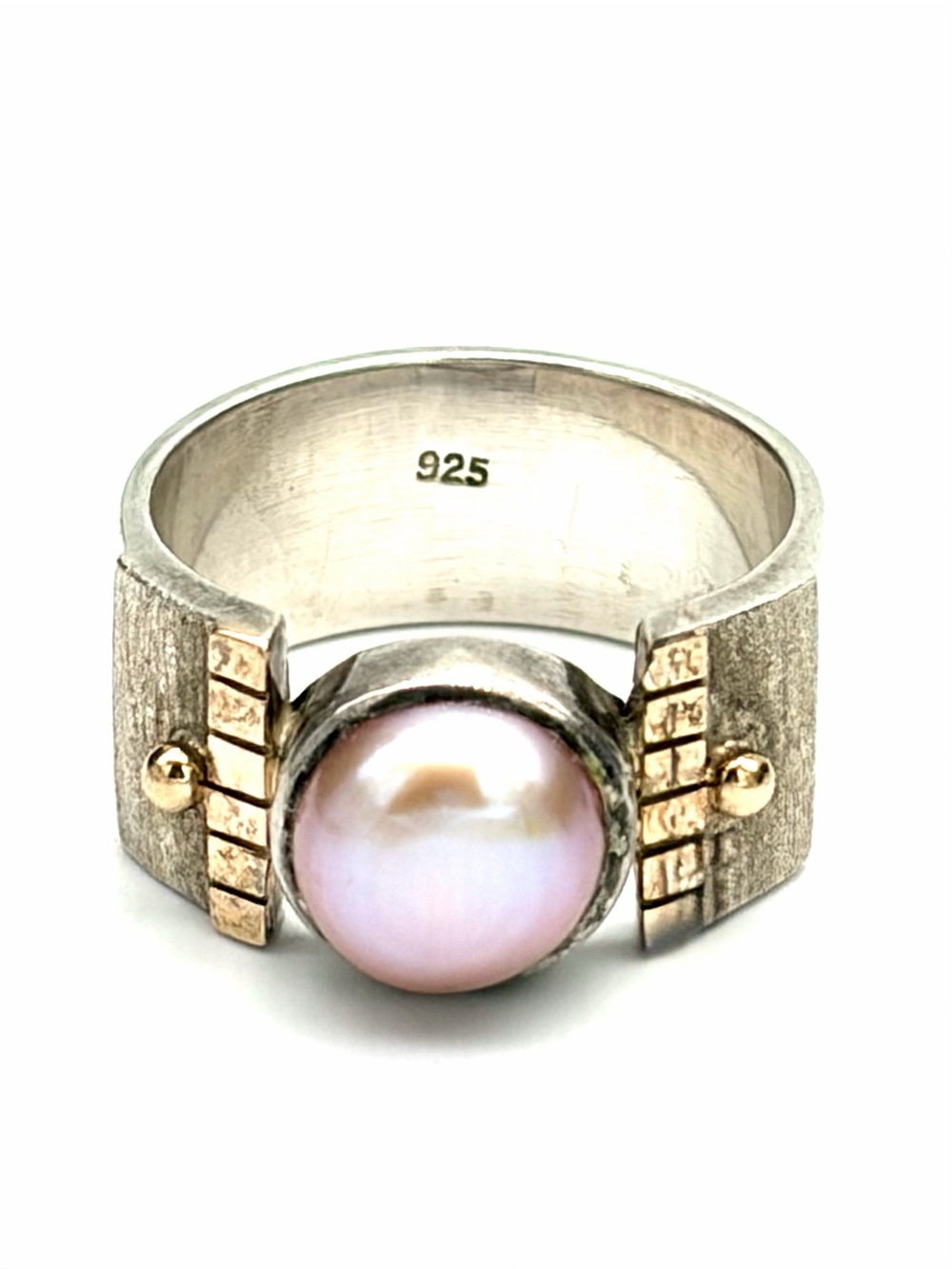 Vintage Modernist Two Tone Statement Ring Sterling Silver 925 Pink Pearl